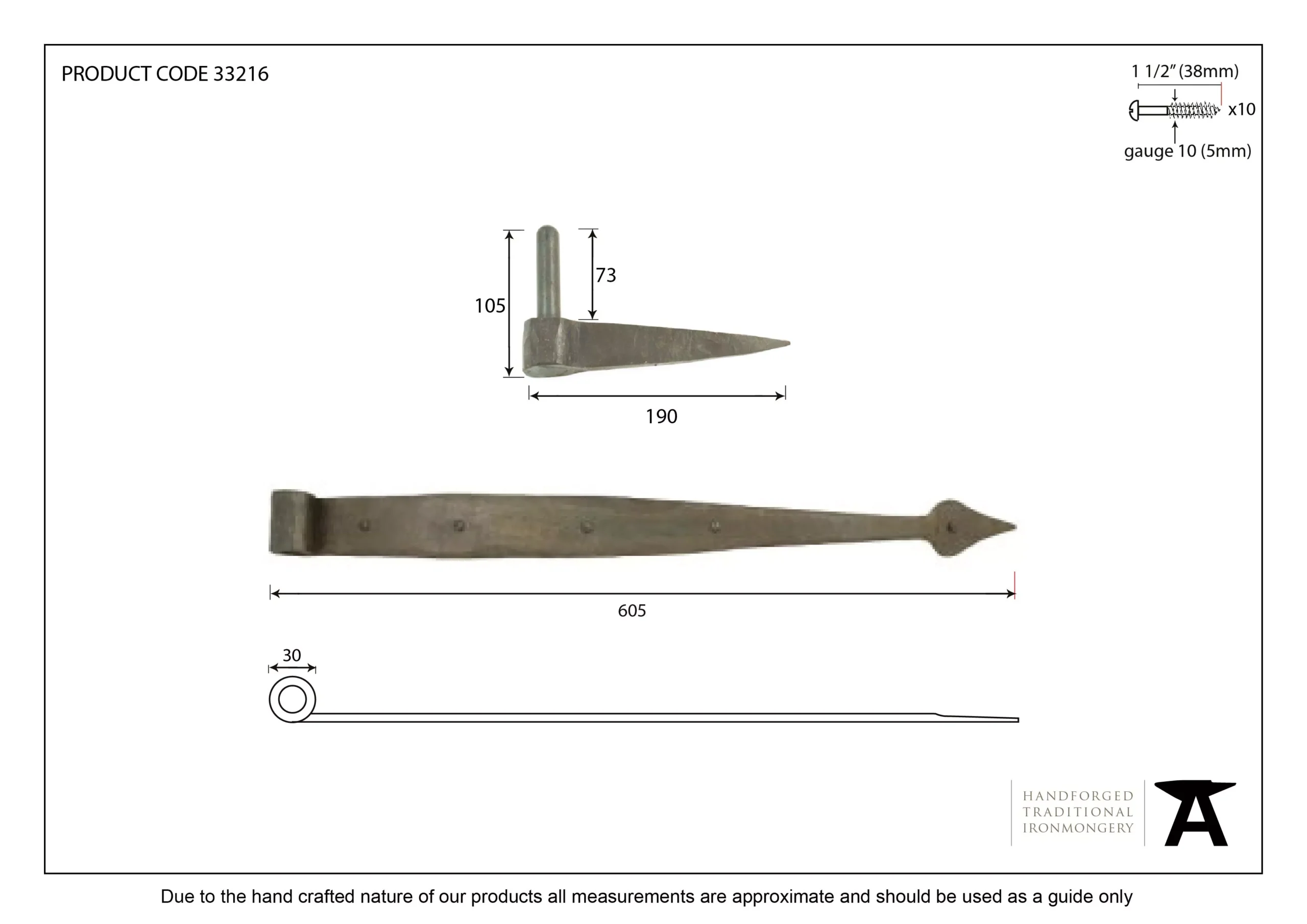 Pair From The Anvil 24" Beeswax Arrow Head Cranked Band & Spike Hinge | 91900 2 Pair From The Anvil 24" Beeswax Arrow Head Cranked Band & Spike Hinge | 91900 - Image 2