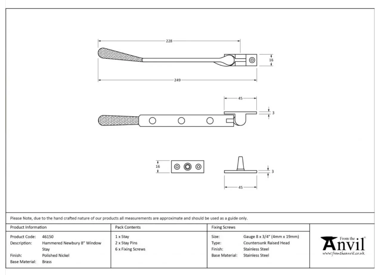 Anvil (8"") Polished Nickel Hammered Newbury Casement Window Stay | 46150 3 Anvil (8"") Polished Nickel Hammered Newbury Casement Window Stay | 46150 - Image 3