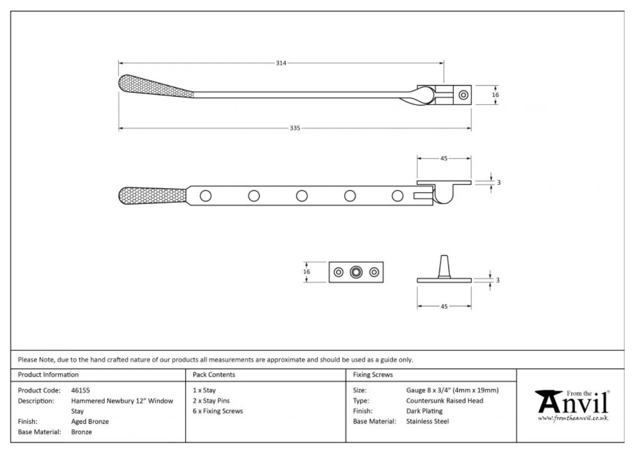 Anvil (12"") Aged Bronze Hammered Newbury Casement Window Stay | 46155 7 Anvil (12"") Aged Bronze Hammered Newbury Casement Window Stay | 46155 - Image 7