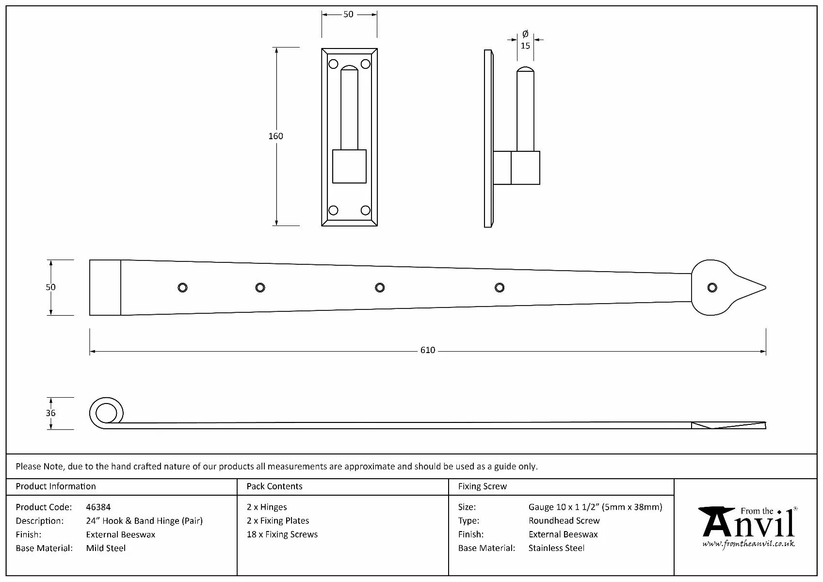 Pair Anvil External Beeswax 24" Hook & Band Hinge | 46384 6 Pair Anvil External Beeswax 24" Hook & Band Hinge | 46384 - Image 6