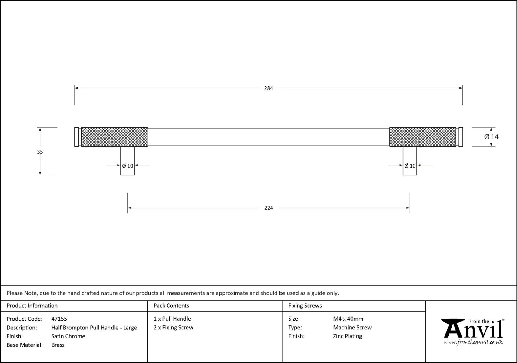 Satin Chrome 284mm Half Knurled Brompton Large Pull Handle | 47155 6 Satin Chrome 284mm Half Knurled Brompton Large Pull Handle | 47155 - Image 6