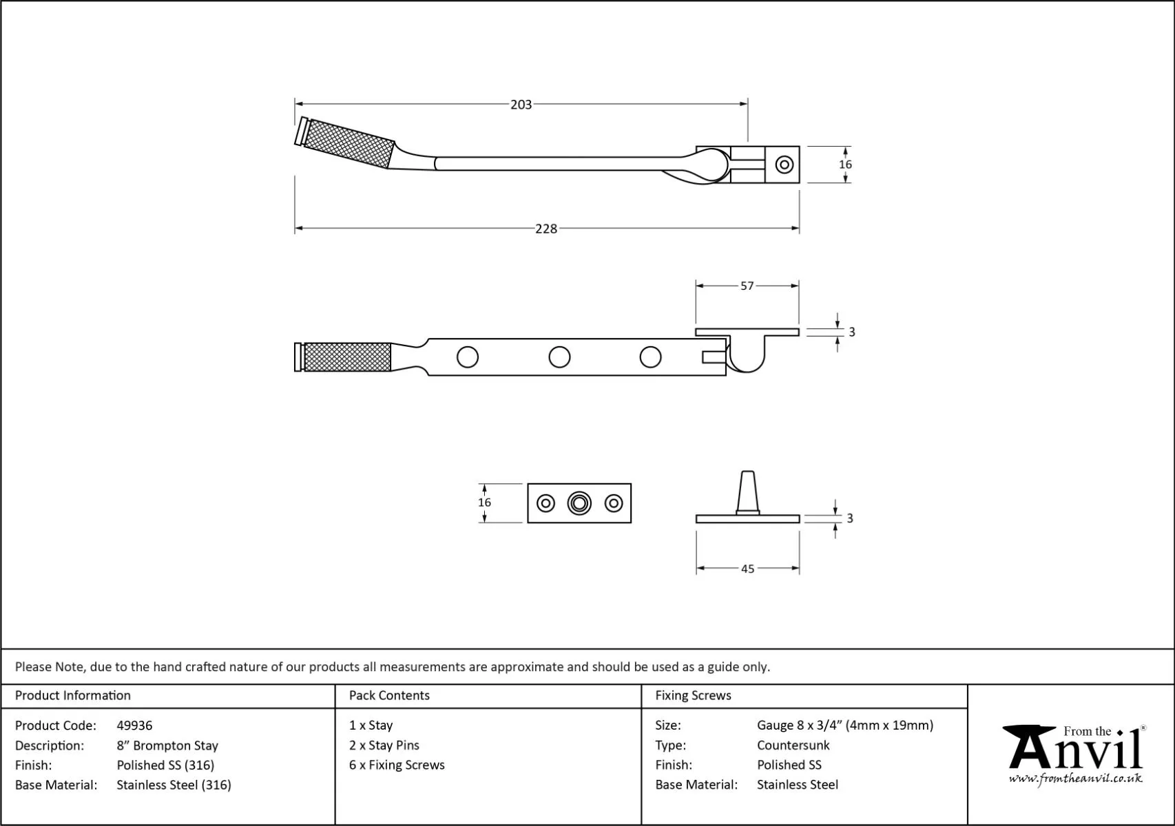 Polished 316 SS 8" Brompton Knurled Casement Window Stay | 49936 2 Polished 316 SS 8" Brompton Knurled Casement Window Stay | 49936 - Image 2