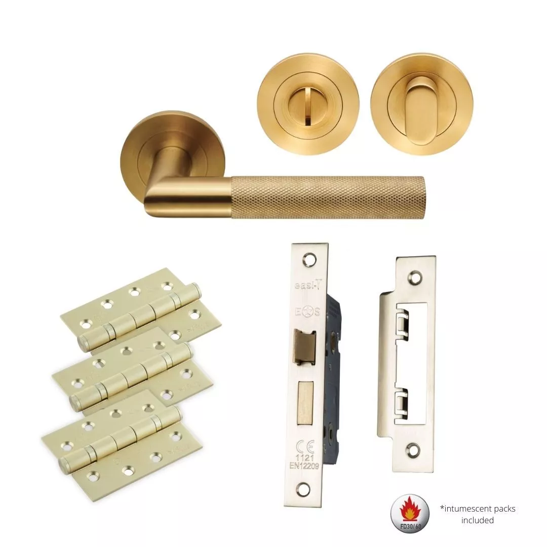 CARLISLE BATHROOM PACK - Satin Brass Crown Knurled Lever Door Handle Set 2 CARLISLE BATHROOM PACK - Satin Brass Crown Knurled Lever Door Handle Set - Image 2